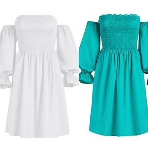 NY&Co white smocked off the shoulder dress
